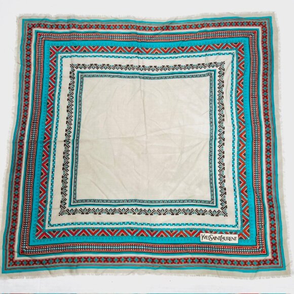 Vintage Yves Saint Laurent YSL scarf   cotton/ silk  31 Green gray red dott(25) - Picture 10 of 10